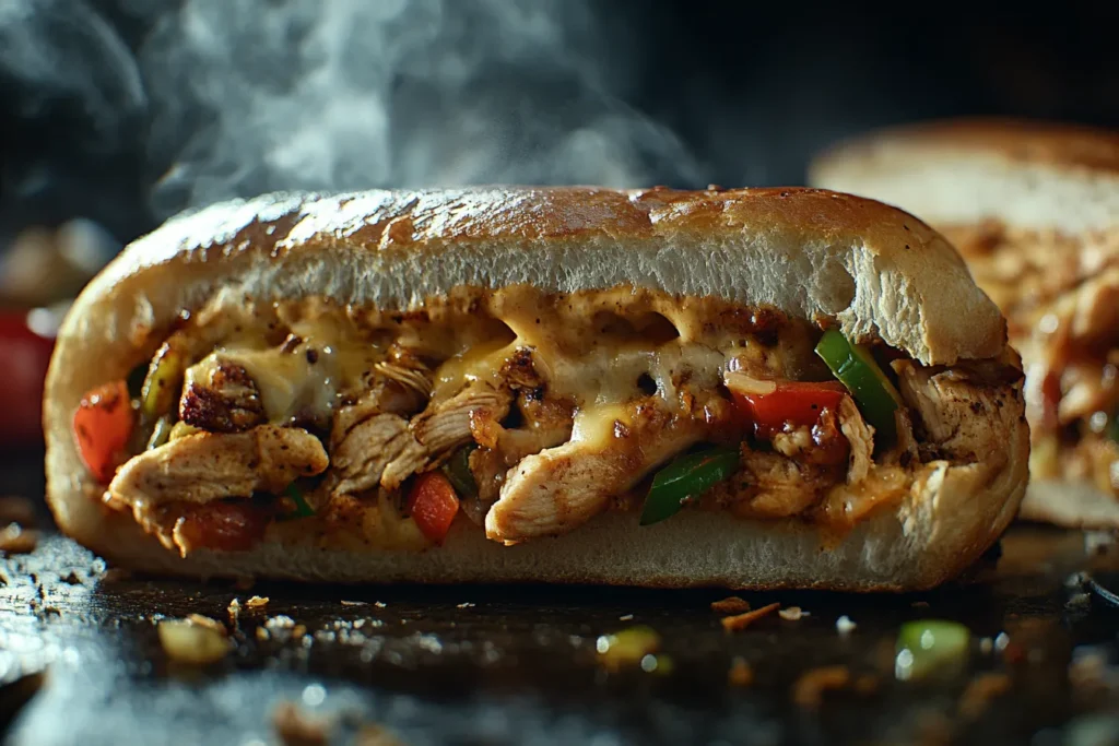 All ingredients needed for a chicken Philly cheesesteak recipe, including raw chicken, fresh bell peppers, onions, provolone cheese, and hoagie rolls