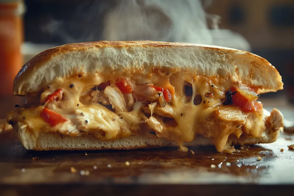 Close-up of a chicken Philly cheesesteak recipe showcasing tender chicken, gooey melted cheese, and caramelized onions inside a crusty roll