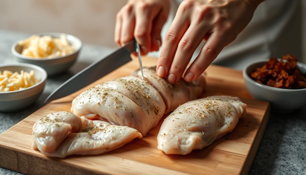 A close-up view of a chef's hands carefully preparing chicken breasts for the "crack chicken" recipe. The chicken is resting on a clean, wooden cutting board, seasoned with a blend of herbs and spices. The foreground showcases the intricate knife work as the chef skillfully slices and trims the meat, ensuring uniform pieces. Soft, diffused lighting from an overhead source casts subtle shadows, accentuating the textures and details. The middle ground features neatly arranged bowls of additional ingredients, such as shredded cheese and crispy bacon bits, all ready to be incorporated into the dish. The background blurs into a neutral, slightly warm-toned backdrop, allowing the preparation process to be the focal point. A close-up view of a chef's hands carefully preparing chicken breasts for the "crack chicken" recipe. The chicken is resting on a clean, wooden cutting board, seasoned with a blend of herbs and spices. The foreground showcases the intricate knife work as the chef skillfully slices and trims the meat, ensuring uniform pieces. Soft, diffused lighting from an overhead source casts subtle shadows, accentuating the textures and details. The middle ground features neatly arranged bowls of additional ingredients, such as shredded cheese and crispy bacon bits, all ready to be incorporated into the dish. The background blurs into a neutral, slightly warm-toned backdrop, allowing the preparation process to be the focal point.