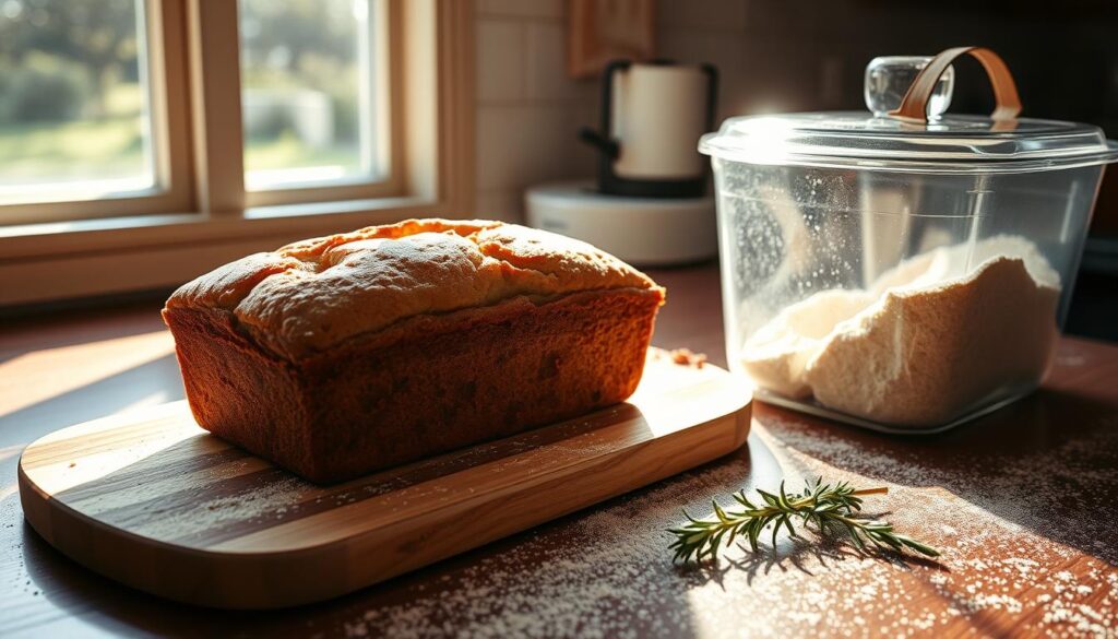 A cozy kitchen counter, the afternoon sun streaming through the window, casting a warm glow on a freshly baked banana bread loaf. The bread sits atop a wooden cutting board, its golden crust glistening. Beside it, a clean glass storage container, ready to preserve the moist and flavorful treat. The countertop is sprinkled with a dusting of flour, a testament to the care and attention poured into Janet's famous recipe. A sprig of fresh rosemary adds a touch of fragrance, complementing the rich aroma of the banana bread. The scene exudes a sense of domestic comfort and culinary delight, inviting the viewer to imagine the joy of savoring this homemade delicacy. A cozy kitchen counter, the afternoon sun streaming through the window, casting a warm glow on a freshly baked banana bread loaf. The bread sits atop a wooden cutting board, its golden crust glistening. Beside it, a clean glass storage container, ready to preserve the moist and flavorful treat. The countertop is sprinkled with a dusting of flour, a testament to the care and attention poured into Janet's famous recipe. A sprig of fresh rosemary adds a touch of fragrance, complementing the rich aroma of the banana bread. The scene exudes a sense of domestic comfort and culinary delight, inviting the viewer to imagine the joy of savoring this homemade delicacy.
