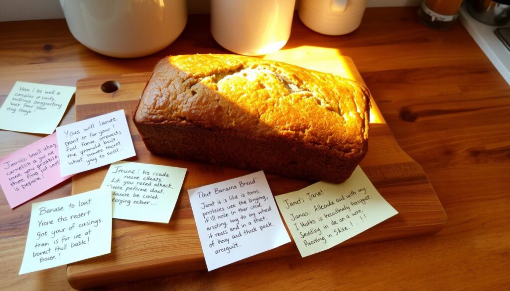 A cozy kitchen counter with a wooden cutting board, upon which rests a freshly baked banana bread loaf, its golden crust glistening under warm, natural lighting. Surrounding the bread are handwritten notes and reviews, scribbled on pastel-colored sticky notes, conveying delight and enthusiasm for Janet's famous recipe. The notes are artfully arranged, creating a collage effect that suggests the widespread acclaim and popularity of this beloved treat. The overall scene evokes a sense of homey comfort and authenticity, inviting the viewer to imagine the mouthwatering aroma and satisfying texture of Janet's renowned banana bread. A cozy kitchen counter with a wooden cutting board, upon which rests a freshly baked banana bread loaf, its golden crust glistening under warm, natural lighting. Surrounding the bread are handwritten notes and reviews, scribbled on pastel-colored sticky notes, conveying delight and enthusiasm for Janet's famous recipe. The notes are artfully arranged, creating a collage effect that suggests the widespread acclaim and popularity of this beloved treat. The overall scene evokes a sense of homey comfort and authenticity, inviting the viewer to imagine the mouthwatering aroma and satisfying texture of Janet's renowned banana bread.