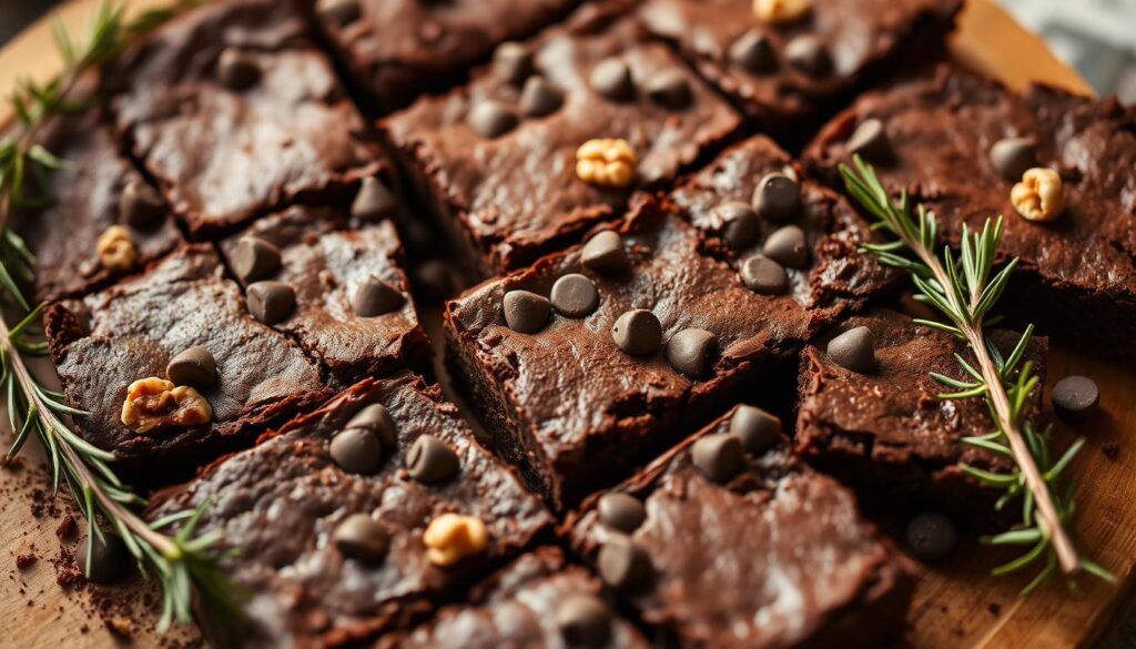 A freshly baked tray of decadent sourdough discard brownies, their fudgy, gooey texture shimmering in the warm, golden light. Flecks of dark chocolate chips and walnuts dot the rich, cocoa-dusted surface, creating an enticing contrast of flavors and textures. The brownies are artfully arranged on a rustic wooden board, surrounded by sprigs of fragrant rosemary, adding a subtle herbal note. The scene is captured with a shallow depth of field, drawing the viewer's eye to the inviting, mouthwatering details of the dessert.