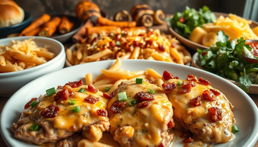 A lively composition showcasing an array of crack chicken variations. In the foreground, succulent chicken breasts smothered in a creamy, cheesy sauce, garnished with crispy bacon bits and fresh scallions. In the middle ground, penne pasta swirled with the savory, tangy crack chicken mixture, sprinkled with shredded cheddar and Parmesan. The background features a variety of complementary side dishes, such as roasted vegetables, buttered rolls, and a refreshing salad, all bathed in warm, natural lighting that enhances the rich, comforting tones. The overall scene evokes a welcoming, homemade atmosphere perfect for the "Variations of Crack Chicken Penne" section. A lively composition showcasing an array of crack chicken variations. In the foreground, succulent chicken breasts smothered in a creamy, cheesy sauce, garnished with crispy bacon bits and fresh scallions. In the middle ground, penne pasta swirled with the savory, tangy crack chicken mixture, sprinkled with shredded cheddar and Parmesan. The background features a variety of complementary side dishes, such as roasted vegetables, buttered rolls, and a refreshing salad, all bathed in warm, natural lighting that enhances the rich, comforting tones. The overall scene evokes a welcoming, homemade atmosphere perfect for the "Variations of Crack Chicken Penne" section.
