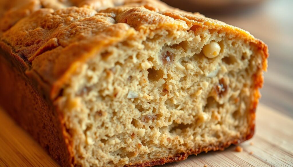 A mouthwatering close-up of a freshly baked sour cream banana bread, crowned with a crackly golden crust. The interior is moist and tender, with visible streaks of ripe banana and subtle hints of vanilla. Warm, comforting lighting casts a soft glow, highlighting the bread's delicate texture. The angled shot showcases the slice's fluffy crumb and alluring aroma, inviting the viewer to take a bite. Subtle shadows add depth, while a shallow depth of field keeps the focus on the luscious center of the slice. An appetizing and irresistible representation of the "Using Sour Cream in the Best Banana Bread Recipe" section. A mouthwatering close-up of a freshly baked sour cream banana bread, crowned with a crackly golden crust. The interior is moist and tender, with visible streaks of ripe banana and subtle hints of vanilla. Warm, comforting lighting casts a soft glow, highlighting the bread's delicate texture. The angled shot showcases the slice's fluffy crumb and alluring aroma, inviting the viewer to take a bite. Subtle shadows add depth, while a shallow depth of field keeps the focus on the luscious center of the slice. An appetizing and irresistible representation of the "Using Sour Cream in the Best Banana Bread Recipe" section.