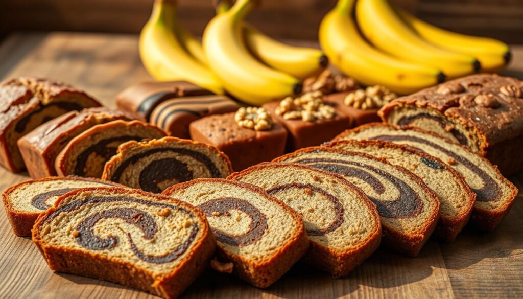 A mouthwatering display of various banana bread variations, arranged artfully on a rustic wooden surface. In the foreground, slices of classic banana bread with a golden-brown crust and moist, tender crumb. Alongside, vibrant swirls of chocolate-marbled banana bread, the rich cocoa complementing the natural sweetness. In the middle ground, mini loaves of banana bread studded with walnuts, their crunchy texture adding a delightful contrast. In the background, a scattering of ripe bananas, their peels peeled back to reveal the soft, yellow flesh - a testament to the key ingredient. The scene is bathed in warm, natural lighting, casting a cozy, inviting atmosphere, as if inviting the viewer to reach in and savor a slice. A mouthwatering display of various banana bread variations, arranged artfully on a rustic wooden surface. In the foreground, slices of classic banana bread with a golden-brown crust and moist, tender crumb. Alongside, vibrant swirls of chocolate-marbled banana bread, the rich cocoa complementing the natural sweetness. In the middle ground, mini loaves of banana bread studded with walnuts, their crunchy texture adding a delightful contrast. In the background, a scattering of ripe bananas, their peels peeled back to reveal the soft, yellow flesh - a testament to the key ingredient. The scene is bathed in warm, natural lighting, casting a cozy, inviting atmosphere, as if inviting the viewer to reach in and savor a slice.