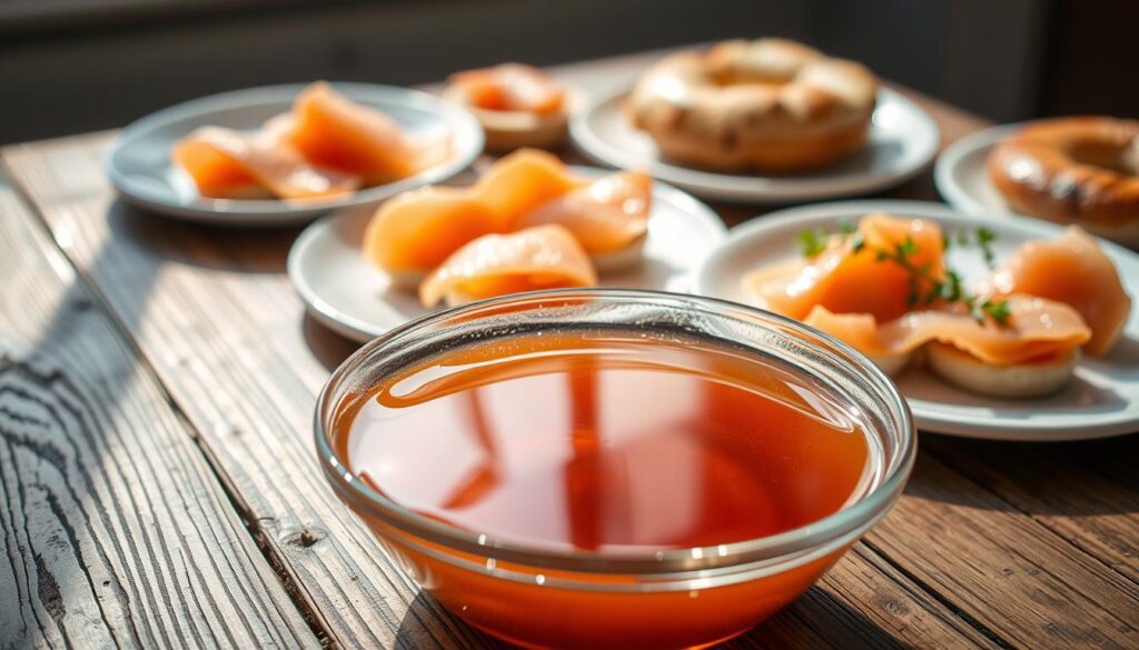 A rustic wooden table bathed in soft, natural light, showcasing an elegant arrangement of smoked salmon dishes. In the foreground, a bowl of glistening brine, its amber hue accented by the reflections of the surroundings. The brine's surface is slightly rippled, hinting at the subtle interplay of flavors within. Carefully placed salmon slices, their smoky aroma wafting through the air, invite the viewer to imagine the depth of taste. The middle ground features delicate salmon canapes, their creamy textures contrasting with the crispness of the bread. In the background, a glimpse of a bagel, its golden crust and gently toasted crumb complementing the delicate salmon. A harmonious still life, capturing the essence of a refined yet approachable smoked salmon experience. A rustic wooden table bathed in soft, natural light, showcasing an elegant arrangement of smoked salmon dishes. In the foreground, a bowl of glistening brine, its amber hue accented by the reflections of the surroundings. The brine's surface is slightly rippled, hinting at the subtle interplay of flavors within. Carefully placed salmon slices, their smoky aroma wafting through the air, invite the viewer to imagine the depth of taste. The middle ground features delicate salmon canapes, their creamy textures contrasting with the crispness of the bread. In the background, a glimpse of a bagel, its golden crust and gently toasted crumb complementing the delicate salmon. A harmonious still life, capturing the essence of a refined yet approachable smoked salmon experience.