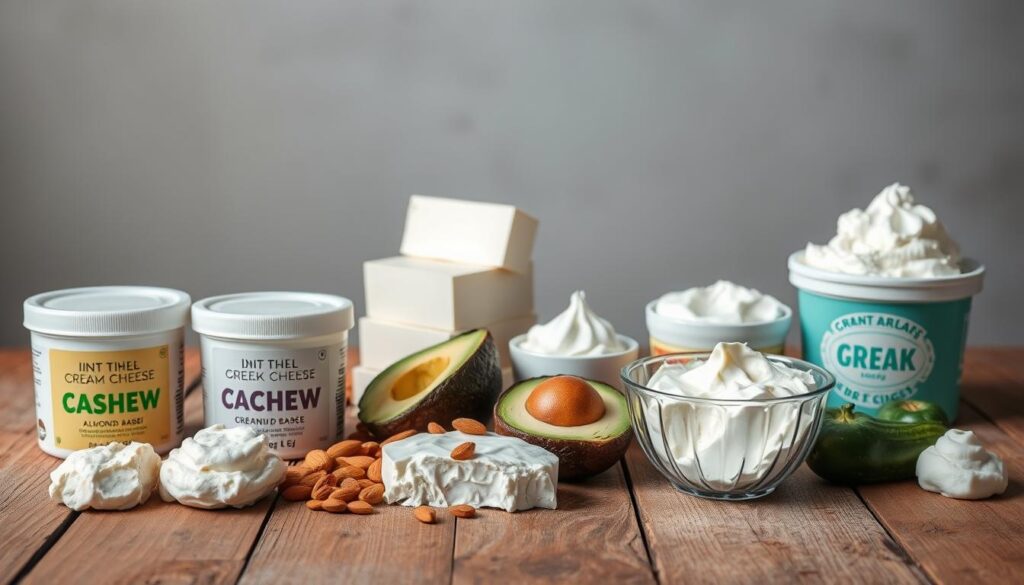 A still life composition showcasing various cream cheese substitute options. In the foreground, an assortment of plant-based spreads, such as cashew-based, almond-based, and coconut-based varieties, arranged artfully on a rustic wooden table. In the middle ground, a selection of firm tofu blocks, sliced avocados, and dollops of Greek yogurt, all subtly illuminated by soft, diffused lighting. The background features a minimal, neutral-toned backdrop, allowing the vibrant colors and textures of the substitutes to take center stage. The overall mood is clean, fresh, and inviting, conveying the versatility and health-conscious nature of these cream cheese alternatives. A still life composition showcasing various cream cheese substitute options. In the foreground, an assortment of plant-based spreads, such as cashew-based, almond-based, and coconut-based varieties, arranged artfully on a rustic wooden table. In the middle ground, a selection of firm tofu blocks, sliced avocados, and dollops of Greek yogurt, all subtly illuminated by soft, diffused lighting. The background features a minimal, neutral-toned backdrop, allowing the vibrant colors and textures of the substitutes to take center stage. The overall mood is clean, fresh, and inviting, conveying the versatility and health-conscious nature of these cream cheese alternatives.