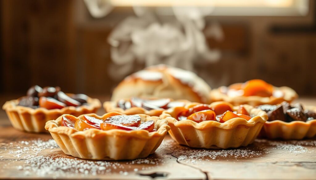 A visually stunning display of gourmet sourdough dessert tarts, artfully arranged on a rustic wooden table. In the foreground, delicate crusts encase rich, decadent fillings - perhaps a tart with caramelized apples or a luscious chocolate creation. The middle ground showcases the natural beauty of the sourdough, with its distinctive crumb and golden hue. The background is softly lit, creating a warm, inviting atmosphere that emphasizes the craft and care taken in preparing these exquisite confections. A hint of steam or a dusting of powdered sugar adds to the mouthwatering allure. The overall composition conveys a sense of indulgence and sophistication, perfectly suited to illustrate the "Gourmet Sourdough Dessert Tarts" section.
