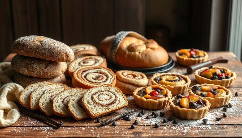 An artfully arranged scene on a rustic wooden table, showcasing the transformation of leftover sourdough into delectable desserts. In the foreground, a stack of delicately sliced sourdough loaves sits alongside a variety of baked goods - flaky, golden-crusted sourdough cinnamon rolls, rich and indulgent sourdough bread pudding, and delicate sourdough-crusted tarts filled with seasonal fruits. The middle ground features a scattering of tempting ingredients, such as fragrant vanilla beans, dark chocolate chips, and a dusting of powdered sugar. Soft, natural lighting filters in from the side, casting a warm glow and highlighting the rustic, homemade textures. The overall atmosphere evokes a sense of cozy, comforting baking and the joy of repurposing humble sourdough into irresistible desserts.