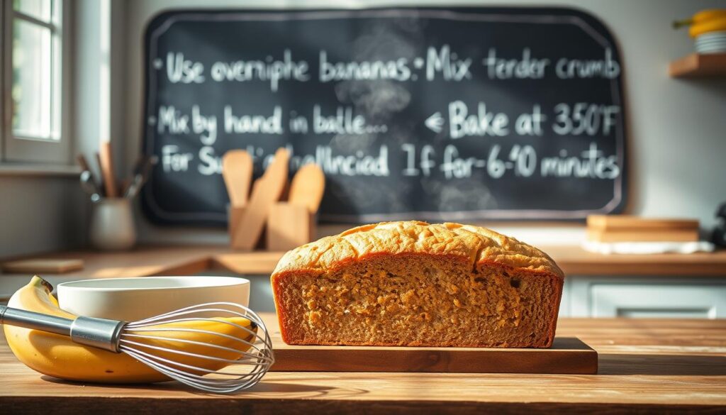 Banana bread baking tips: A bright, airy kitchen with natural light streaming in, showcasing a wooden countertop. In the foreground, an array of baking essentials - a mixing bowl, whisk, and ripe bananas. In the middle ground, a freshly baked loaf of golden-brown banana bread, steam rising from its delicious crumb. Behind it, a chalkboard displays handwritten tips for achieving the perfect banana bread: "Use overripe bananas", "Mix by hand for a tender crumb", "Bake at 350°F for 55-60 minutes". The overall scene conveys a sense of warmth, comfort, and the expertise required to craft the ultimate banana bread. Banana bread baking tips: A bright, airy kitchen with natural light streaming in, showcasing a wooden countertop. In the foreground, an array of baking essentials - a mixing bowl, whisk, and ripe bananas. In the middle ground, a freshly baked loaf of golden-brown banana bread, steam rising from its delicious crumb. Behind it, a chalkboard displays handwritten tips for achieving the perfect banana bread: "Use overripe bananas", "Mix by hand for a tender crumb", "Bake at 350°F for 55-60 minutes". The overall scene conveys a sense of warmth, comfort, and the expertise required to craft the ultimate banana bread.
