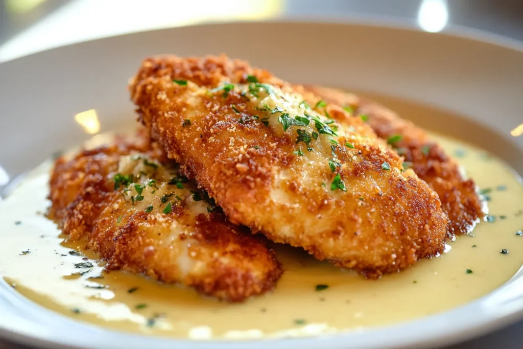Crispy Parmesan Chicken with a Rich Garlic Sauce