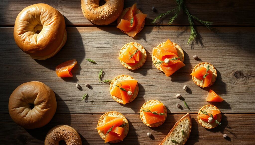 Elegant overhead shot of a rustic wooden table, the surface scattered with delicate smoked salmon variations. Artisanal bagels, delicate tartines, and bite-sized canapés arranged in a visually striking display. Highlights the diverse textures and flavors of the smoked fish, from silky slices to crisp cracker toppings. Soft natural lighting casts a warm glow, emphasizing the refined, appetite-whetting presentation. A sense of effortless sophistication evokes the "fancy but easy" theme, inviting the viewer to imagine exploring these creative smoked salmon dishes. Elegant overhead shot of a rustic wooden table, the surface scattered with delicate smoked salmon variations. Artisanal bagels, delicate tartines, and bite-sized canapés arranged in a visually striking display. Highlights the diverse textures and flavors of the smoked fish, from silky slices to crisp cracker toppings. Soft natural lighting casts a warm glow, emphasizing the refined, appetite-whetting presentation. A sense of effortless sophistication evokes the "fancy but easy" theme, inviting the viewer to imagine exploring these creative smoked salmon dishes.