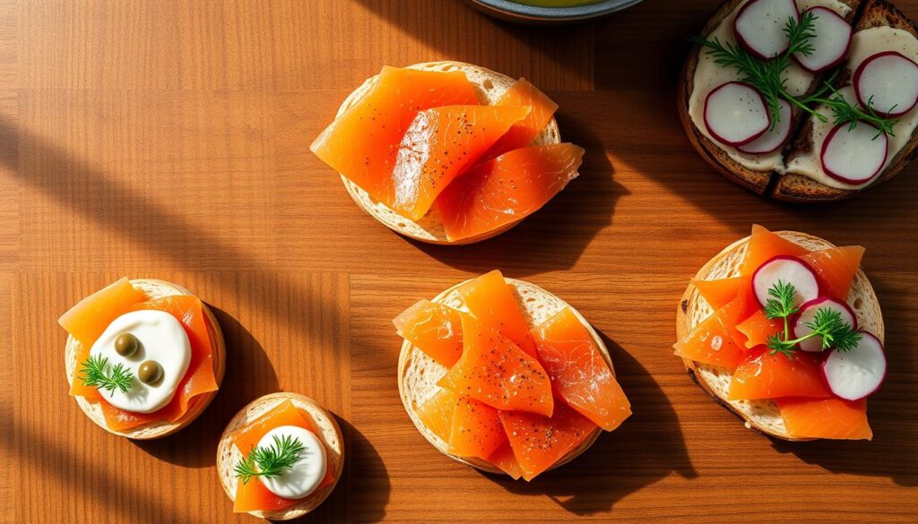 Overhead shot of an elegant wooden table with 3-4 artfully arranged smoked salmon dishes. In the foreground, delicate canapés topped with vibrant dill, capers, and a swirl of crème fraîche. In the middle, toasted bagels with thick slices of glistening smoked salmon and a dusting of freshly ground black pepper. In the background, open-faced tartines dressed with sliced radish, microgreens, and a subtle lemon zest. Warm, natural lighting casts a soft, inviting glow across the scene, highlighting the texture and rich color of the salmon. A serene, sophisticated atmosphere captures the beauty of properly prepared smoked salmon. Overhead shot of an elegant wooden table with 3-4 artfully arranged smoked salmon dishes. In the foreground, delicate canapés topped with vibrant dill, capers, and a swirl of crème fraîche. In the middle, toasted bagels with thick slices of glistening smoked salmon and a dusting of freshly ground black pepper. In the background, open-faced tartines dressed with sliced radish, microgreens, and a subtle lemon zest. Warm, natural lighting casts a soft, inviting glow across the scene, highlighting the texture and rich color of the salmon. A serene, sophisticated atmosphere captures the beauty of properly prepared smoked salmon.