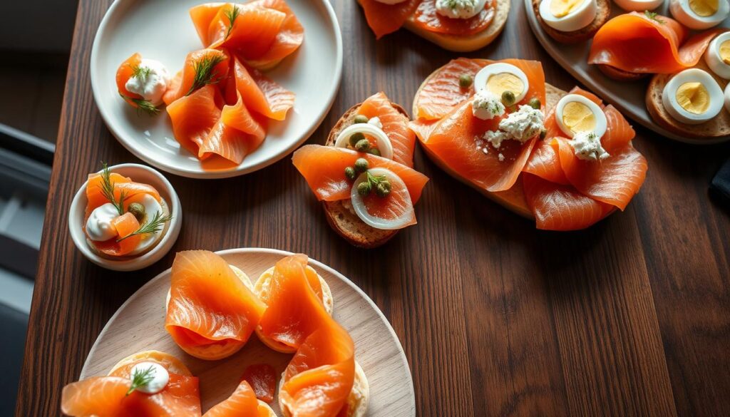 Overhead shot of an elegant wooden table with 3-4 artfully arranged smoked salmon dishes. Soft, natural lighting casts a warm glow, highlighting the vibrant colors and textures of the food. In the foreground, delicate smoked salmon canapés with dill, lemon, and crème fraîche. In the middle ground, rustic smoked salmon tartines with toasted bread, sliced onions, and fresh herbs. In the background, an assortment of bagels topped with silky smoked salmon, capers, and crumbled hard-boiled eggs. The scene evokes a sense of elevated yet approachable elegance, perfectly capturing the spirit of "Smoked Salmon Recipes You'll Love". Overhead shot of an elegant wooden table with 3-4 artfully arranged smoked salmon dishes. Soft, natural lighting casts a warm glow, highlighting the vibrant colors and textures of the food. In the foreground, delicate smoked salmon canapés with dill, lemon, and crème fraîche. In the middle ground, rustic smoked salmon tartines with toasted bread, sliced onions, and fresh herbs. In the background, an assortment of bagels topped with silky smoked salmon, capers, and crumbled hard-boiled eggs. The scene evokes a sense of elevated yet approachable elegance, perfectly capturing the spirit of "Smoked Salmon Recipes You'll Love".