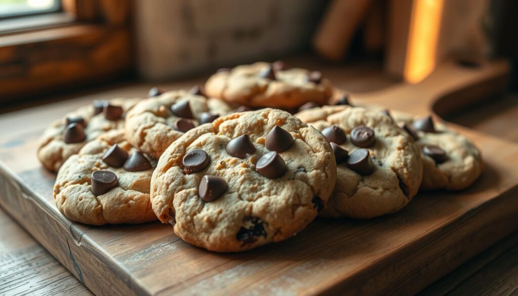 Sourdough chocolate chip cookies, freshly baked on a rustic wooden board. Warm, gooey centers with crunchy edges, dotted with melted chocolate chips. The light from a nearby window casts a soft, golden glow on the tempting treats, highlighting their homemade, artisanal appeal. The cookies are arranged in an inviting, slightly haphazard manner, as if just pulled from the oven. The scene evokes a cozy, comforting atmosphere, perfect for savoring a delightful sourdough dessert. Shot with a shallow depth of field, drawing the viewer's eye to the irresistible cookies.