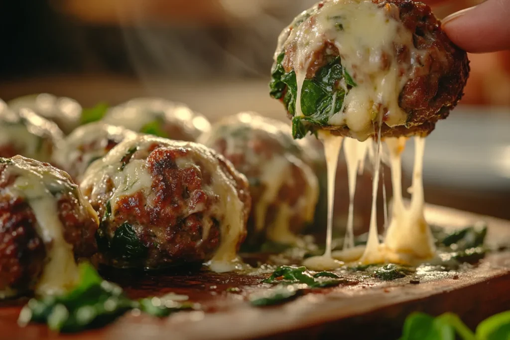 Spinach Garlic Meatballs Stuffed with Mozzarella