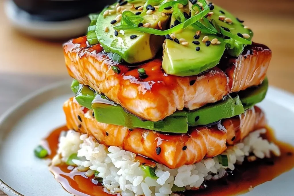 Teriyaki Salmon Avocado Rice Stack