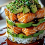 Teriyaki Salmon Avocado Rice Stack