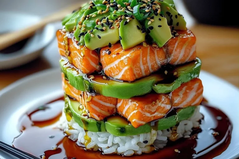 Teriyaki Salmon Avocado Rice Stack