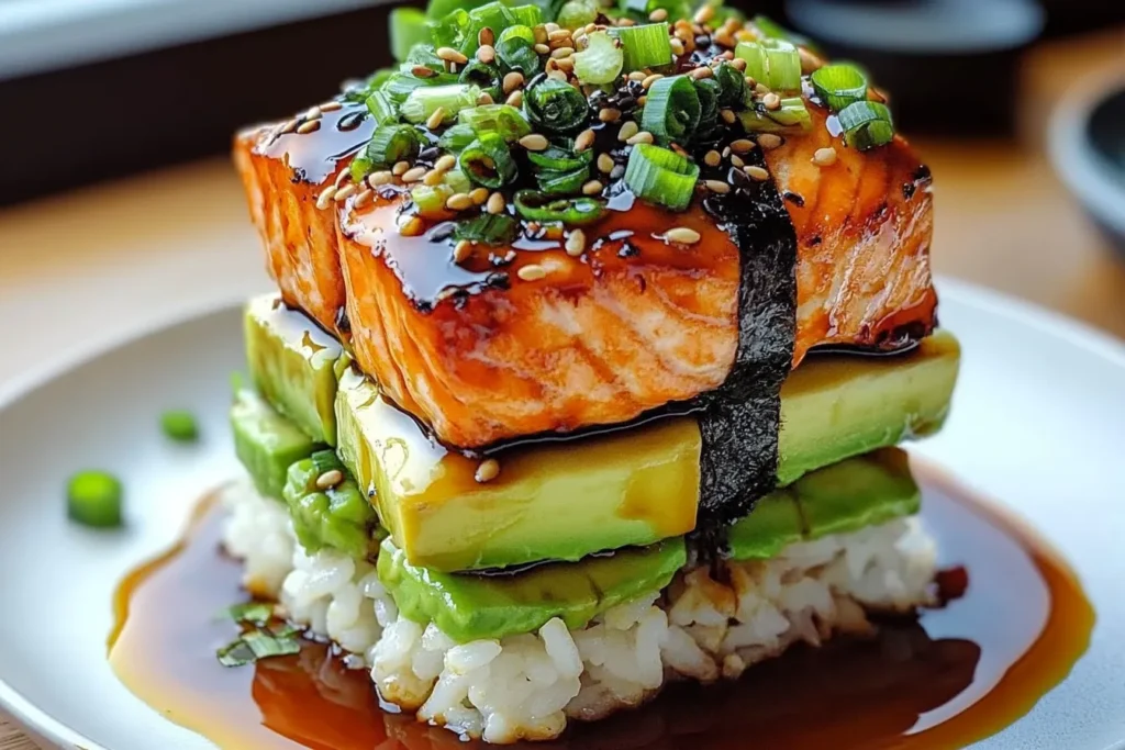 Teriyaki Salmon Avocado Rice Stack