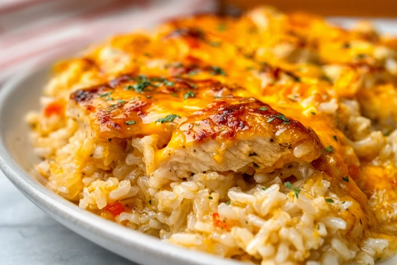 Cheesy baked chicken rice casserole showing golden cheese crust and perfectly cooked rice