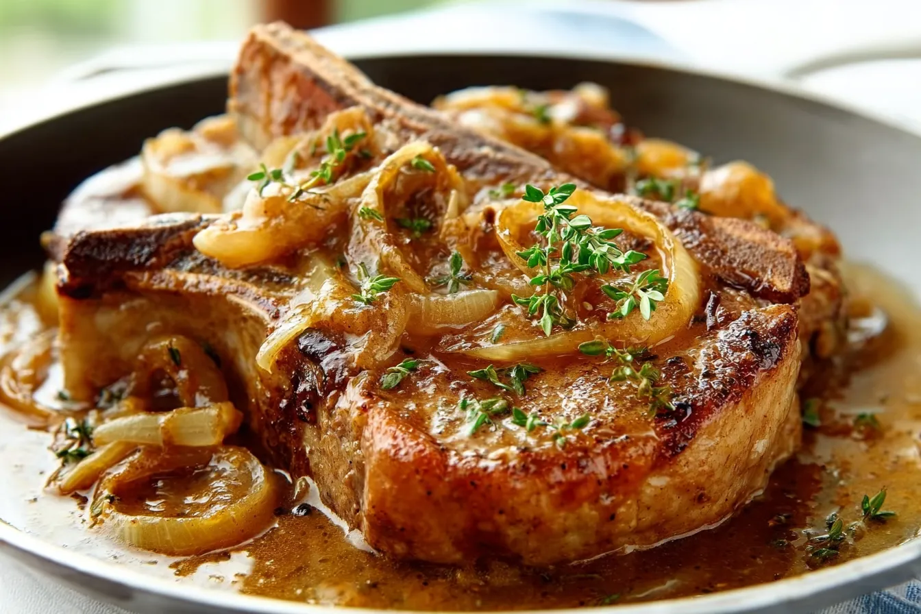 Southern smothered pork chops with rich onion gravy in cast iron skillet